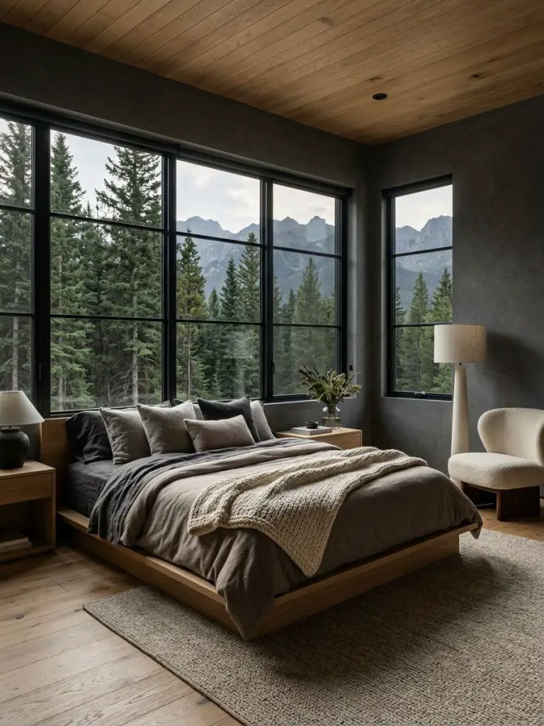 A moody contemporary mountain bedroom designed in modern rustic style with warm minimalist restraint.