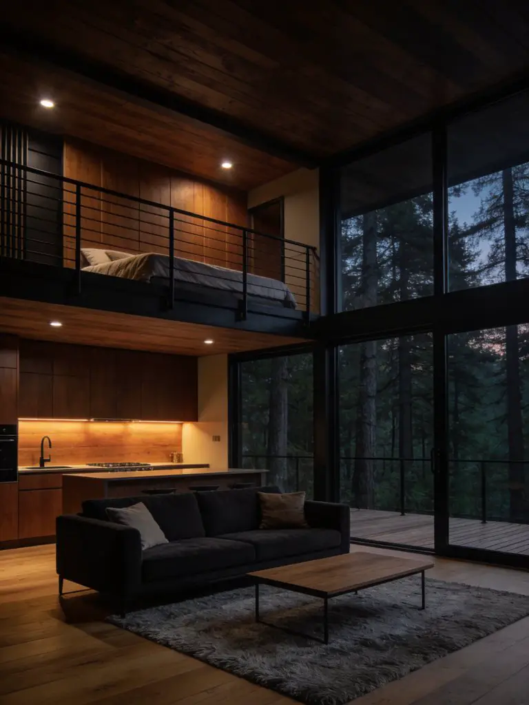 A moody rustic modern cabin interior with dramatic evening lighting and a warm woodland atmosphere.