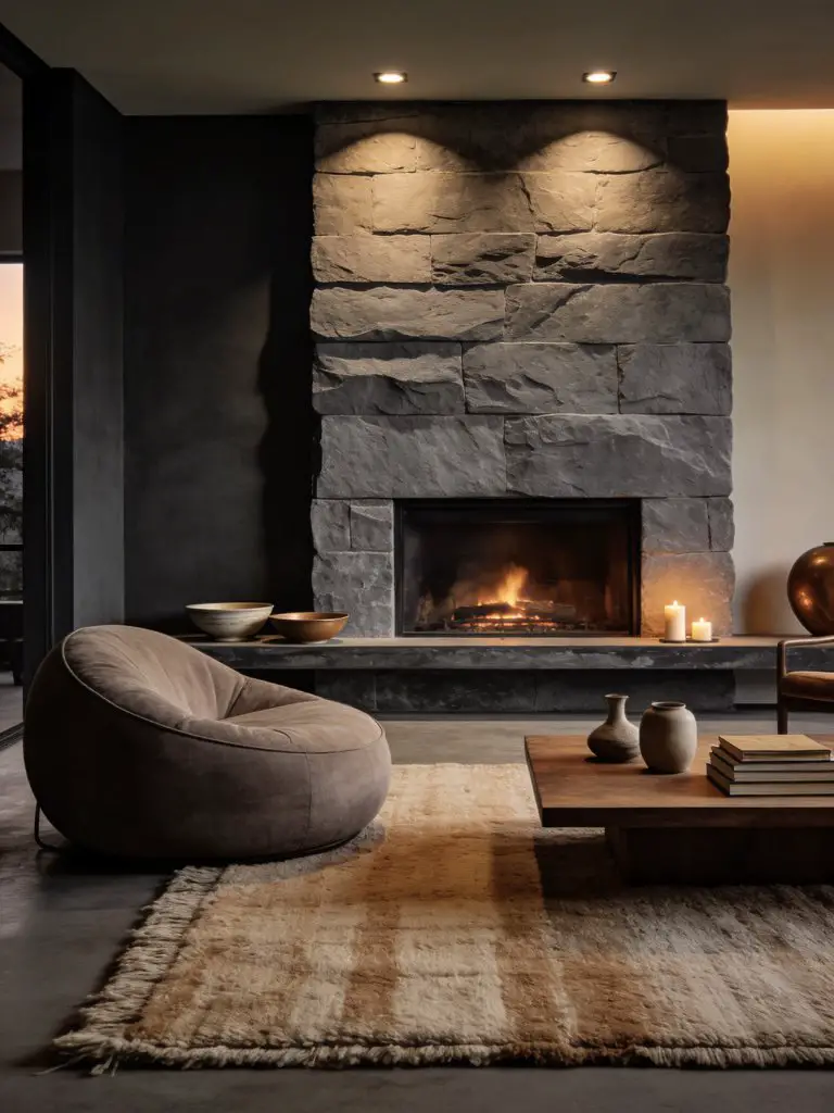A cozy moody minimalist living room with fireplace designed in warm minimalist and modern rustic interior style.