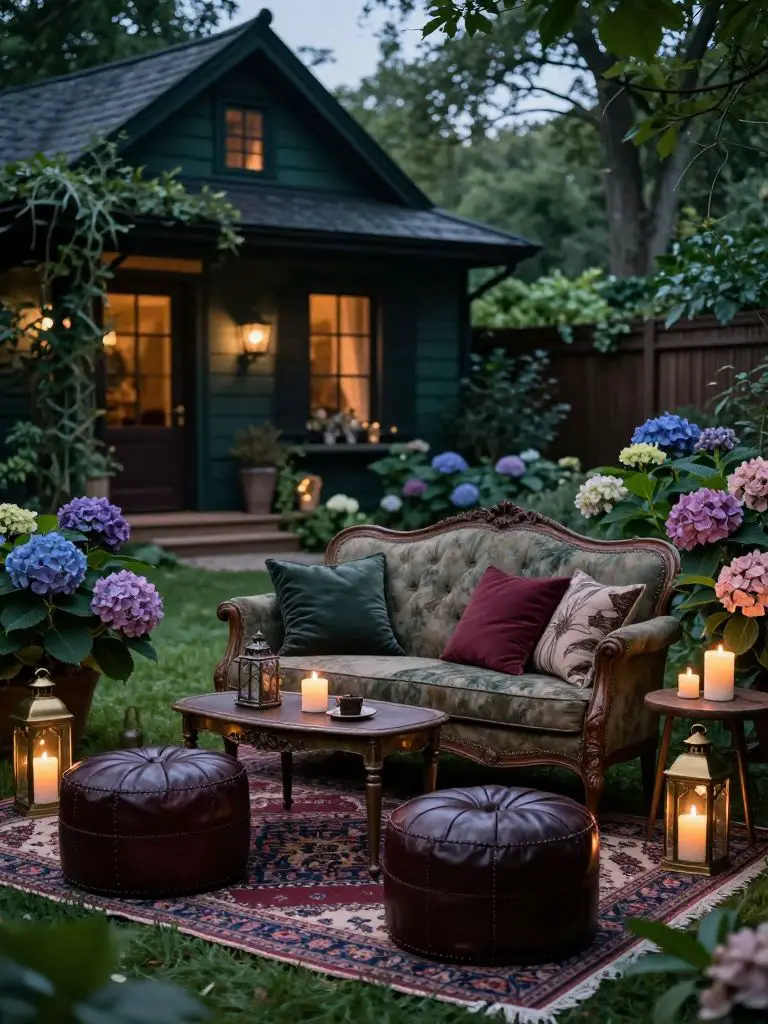 Create a moody Victorian-inspired garden lounge in a witchy backyard setting.