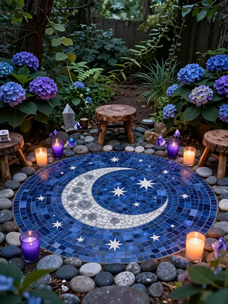 Design a moon phase meditation corner in a witchy backyard with celestial woodland styling.
