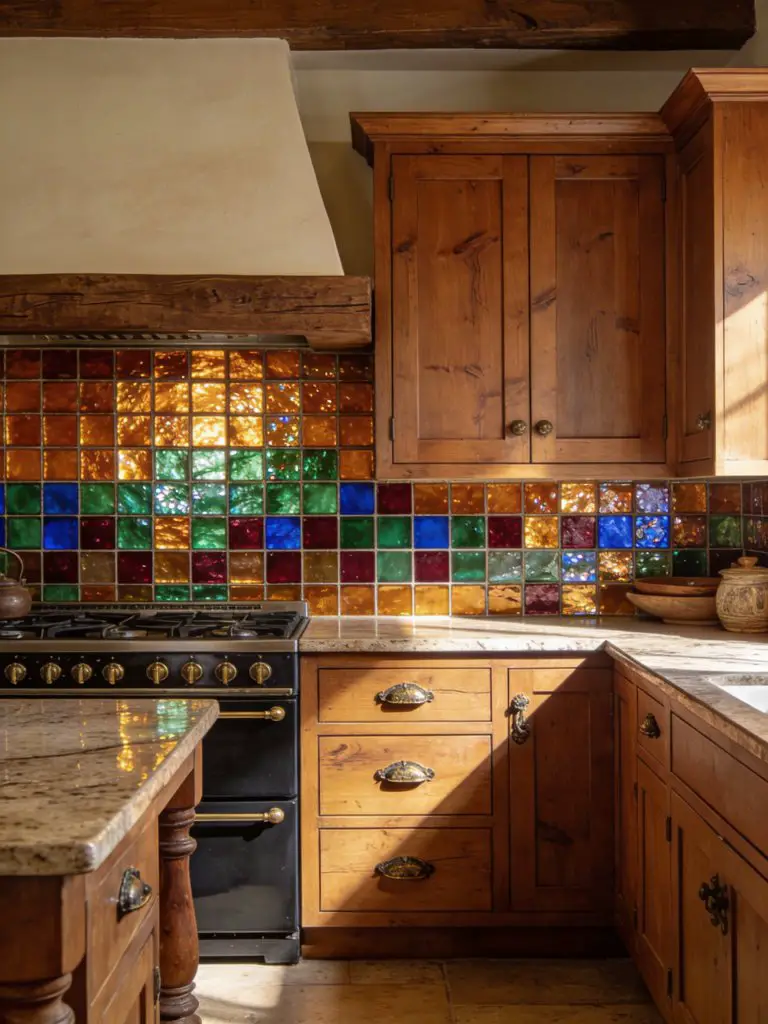 A warm rustic kitchen featuring a colorful mosaic glass tile backsplash composed of small square tiles in jewel tones like amber, emerald, c.