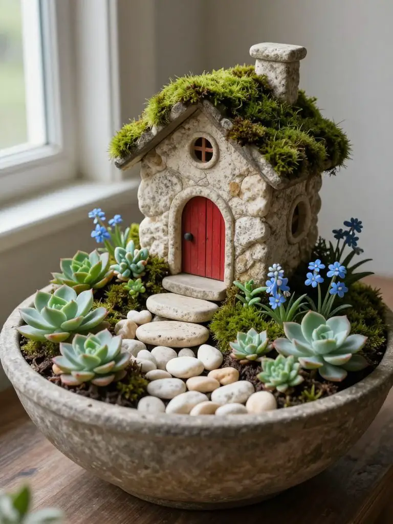 Create a moss-covered stone fairy house in a large shallow bowl planter placed near a window.
