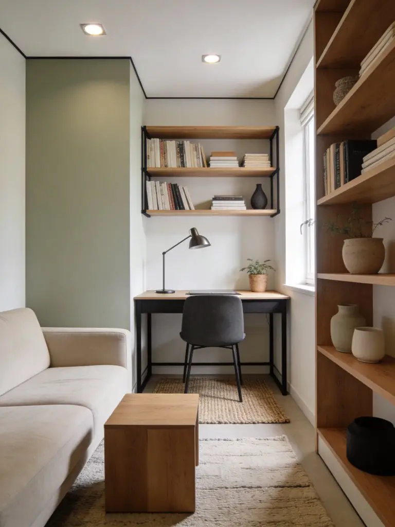 A multifunctional minimalist living room in a small apartment that combines a relaxation area and workspace.