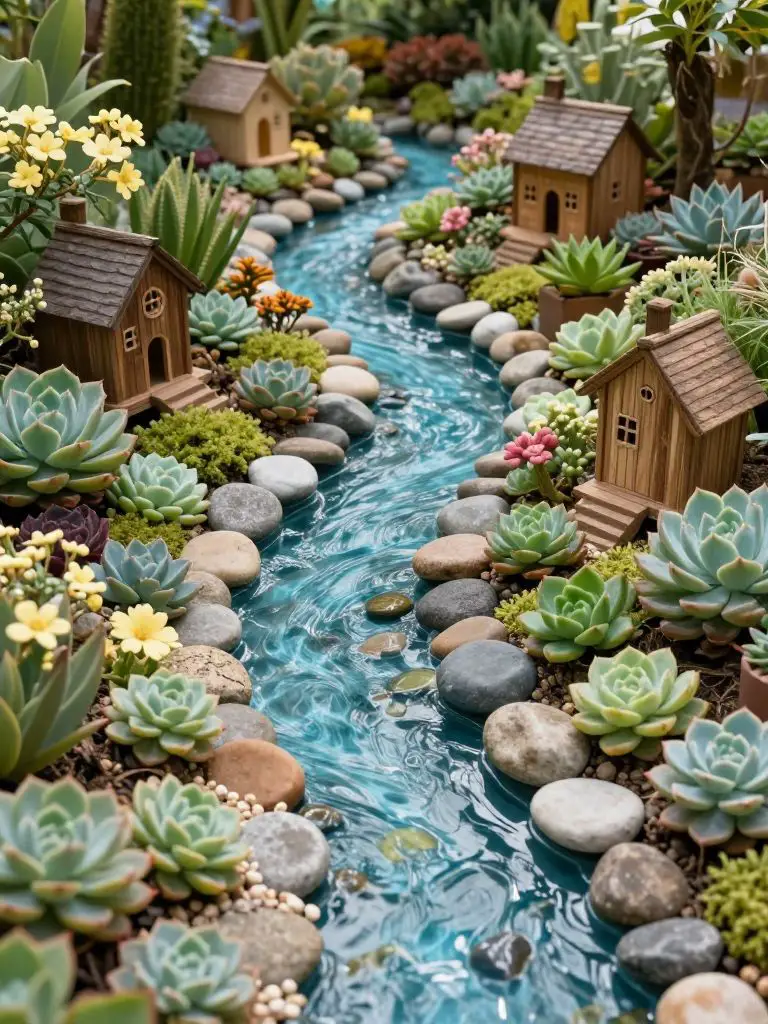 Create a multi-house fairy garden with a flowing miniature stream bordered by pebbles and succulents.