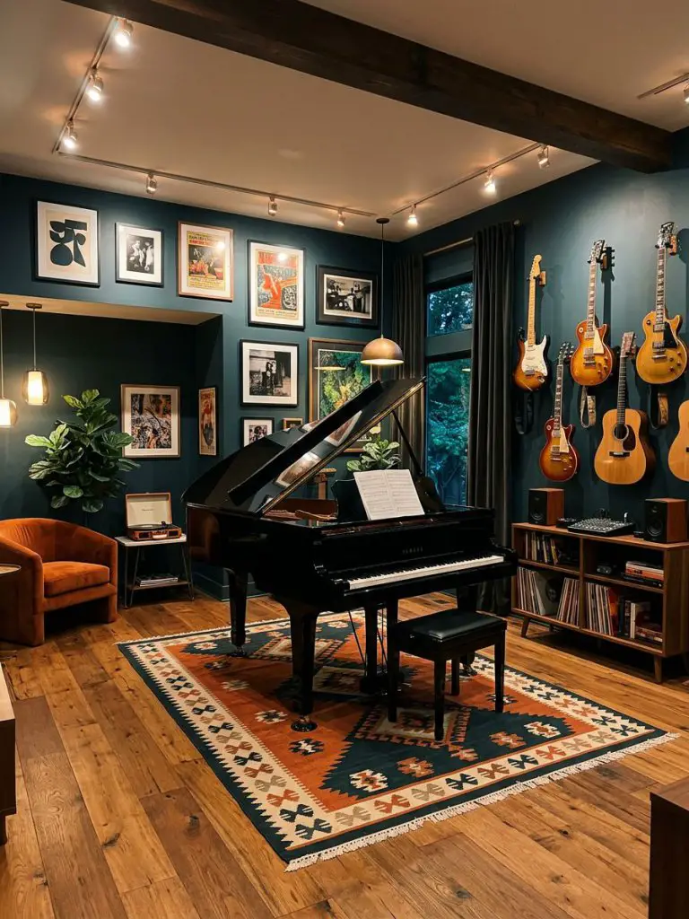 A music-inspired bonus room studio with an eclectic modern vibe, featuring a grand piano, guitars mounted on deep-toned walls, and framed ar.