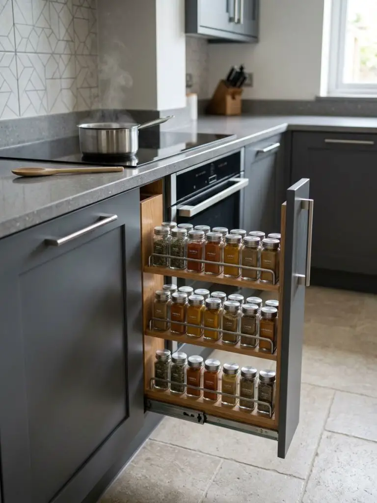 A slim pull-out spice rack cabinet positioned beside a stove in a contemporary kitchen.