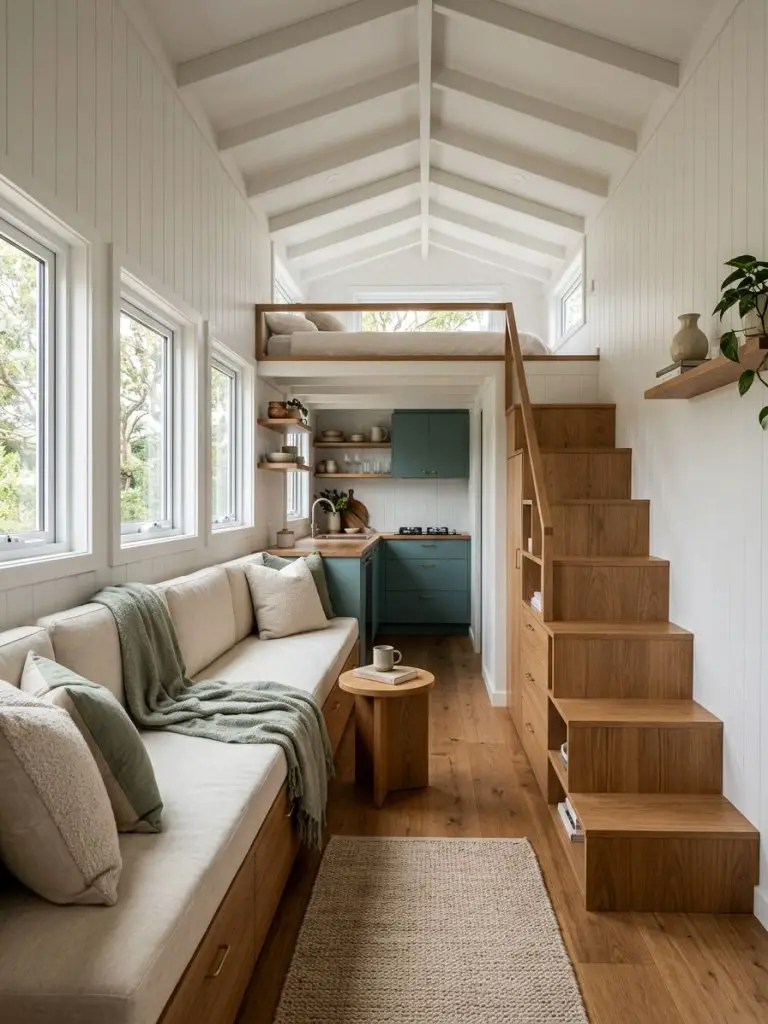 A narrow tiny house living room designed for maximum efficiency in warm minimalist style featuring white paneled walls, medium oak flooring.