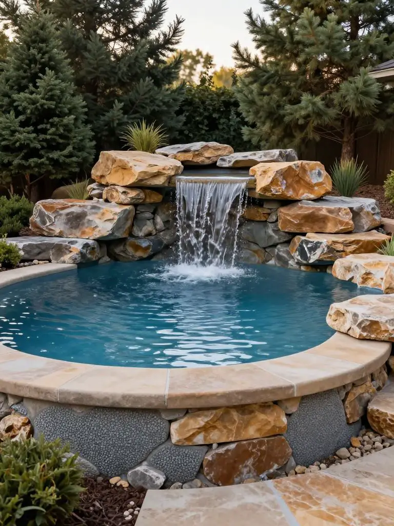 A naturalistic inground backyard swimming pool designed in modern rustic style, featuring a freeform pool edged with layered stone and a cas.