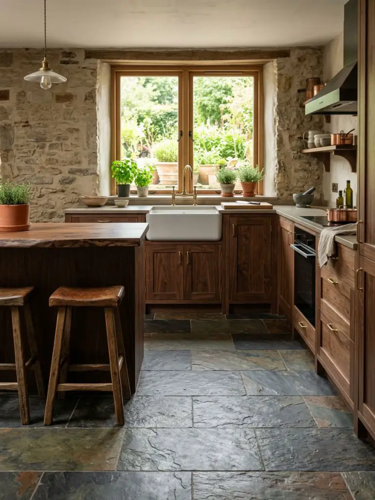 An earthy modern rustic kitchen with natural slate tile flooring in layered tones of deep gray, olive, and charcoal.