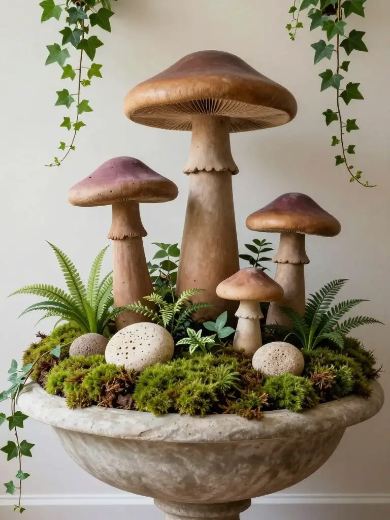 Design a natural woodland planter arrangement featuring sculptural mushroom accents and moss textures inside a wide urn container.