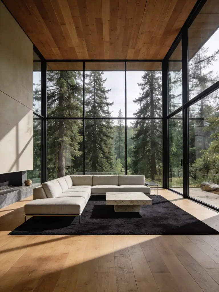 A nature-connected minimalist living room with towering glass walls that blur the boundary between interior and landscape.