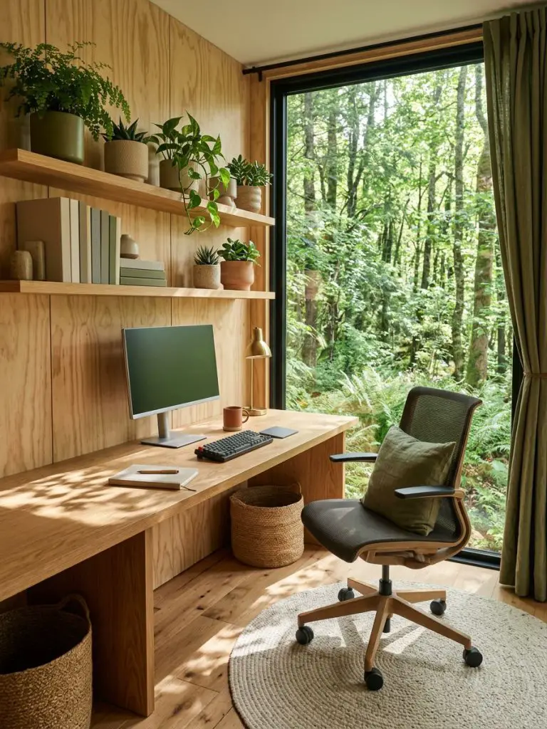 A nature-inspired modern office cabin interior featuring textured plywood wall panels and a large panoramic window that frames a lush green.