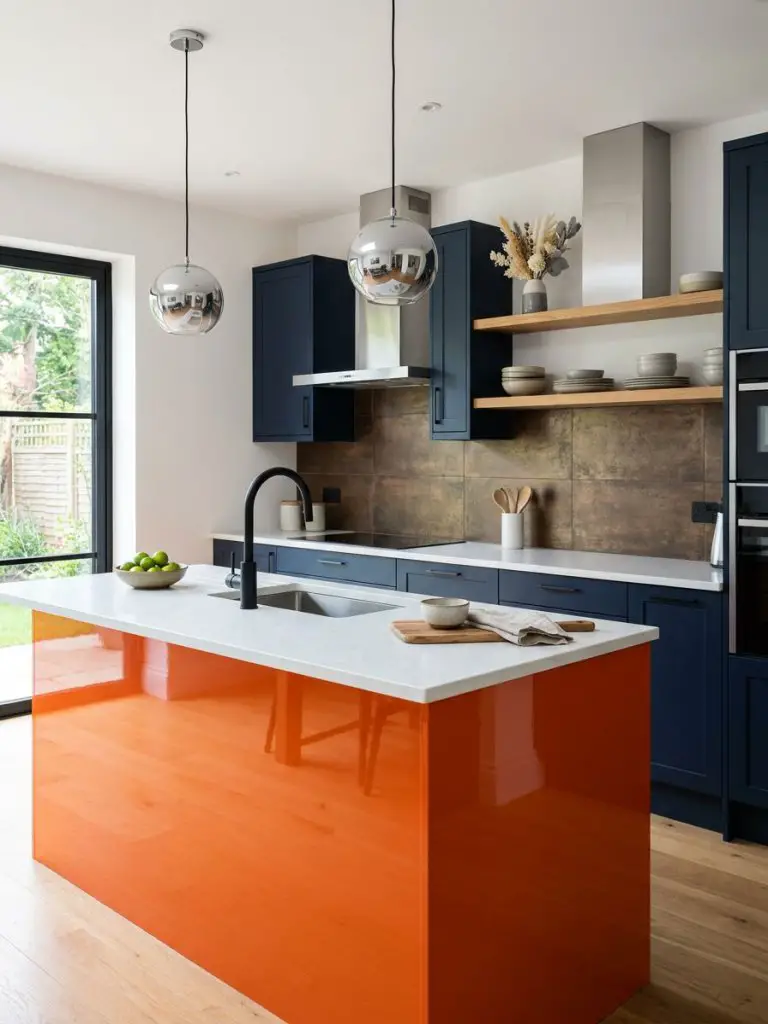 A contemporary kitchen with deep navy cabinetry contrasted by a bold, high-gloss orange island base that immediately draws the eye.