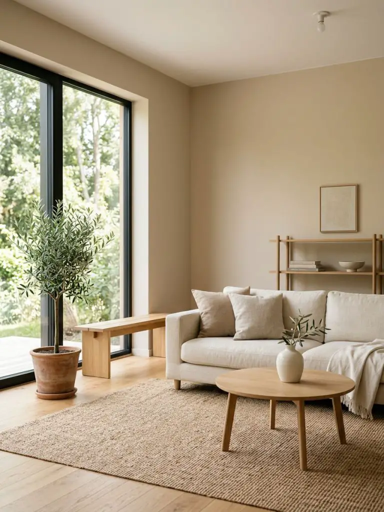 A serene minimalist living room designed for simple living featuring a soft earth-tone palette with warm beige walls, natural oak flooring.
