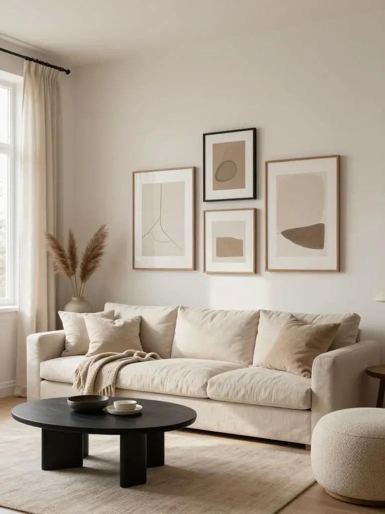 A bright minimalist living room scene featuring a neutral gallery wall composed of framed abstract prints arranged above a soft cream linen.