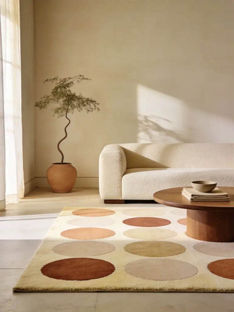 A serene minimalist living room featuring a neutral polka dot rug as the focal design element.