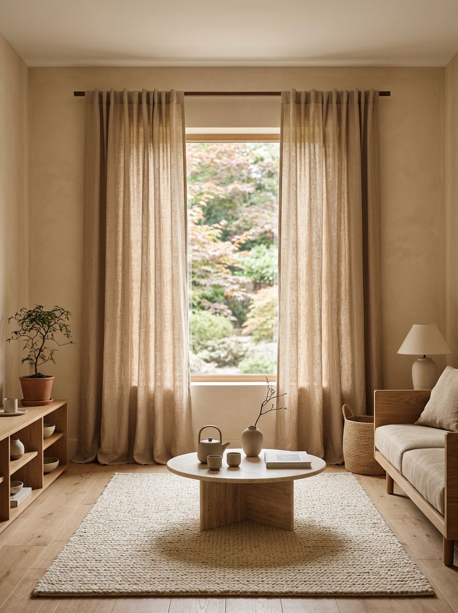 A Japandi-inspired minimalist living room featuring neutral sand-toned curtains as the hero element.