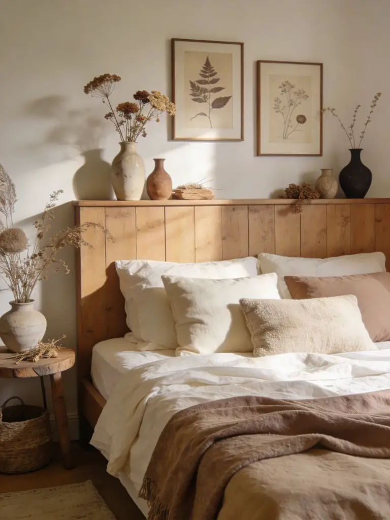 A soft neutral witchy bedroom styled with dried botanicals and calming textures, featuring a bed layered in cream, ivory, and taupe linen.