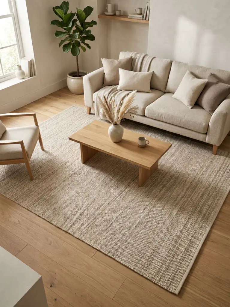 A warm minimalist living room where the focal point is a large neutral wool flatweave rug placed beneath a simple seating arrangement.