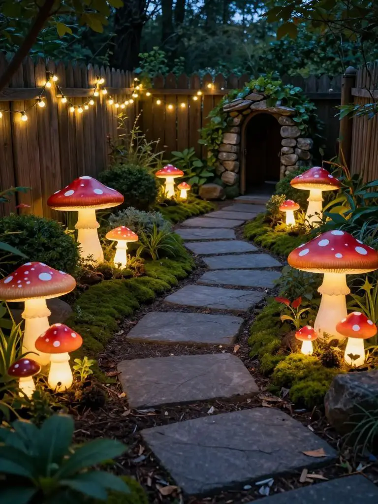 Design a nighttime fairy garden corner with illuminated mushroom sculptures and a stepping stone path.