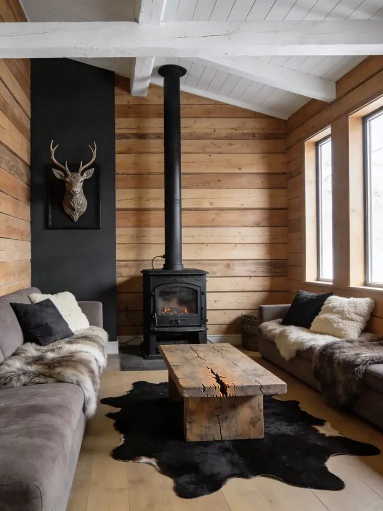 A Nordic-inspired rustic cabin living room that blends modern minimalism with rugged lodge materials.