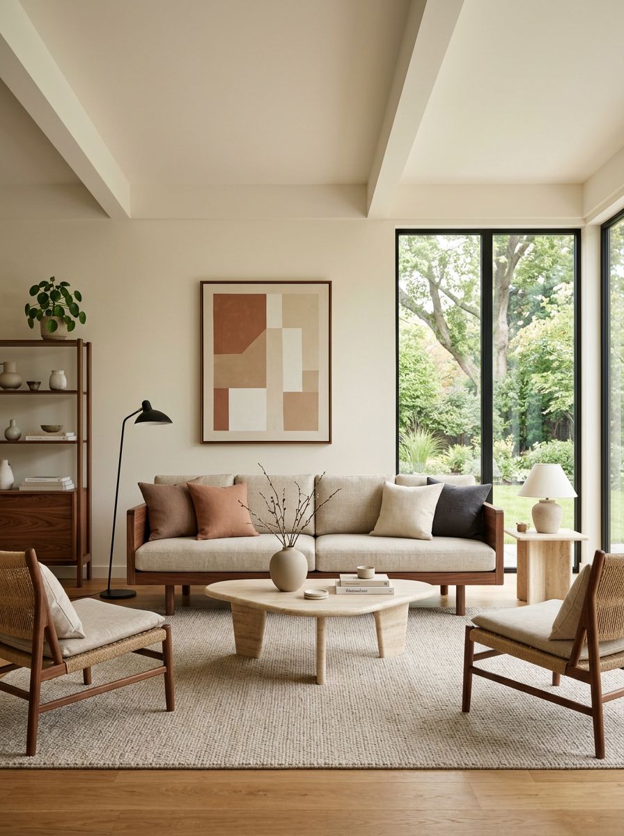 An open and airy mid-century modern minimalist living room designed with perfectly balanced decor and clean lines.