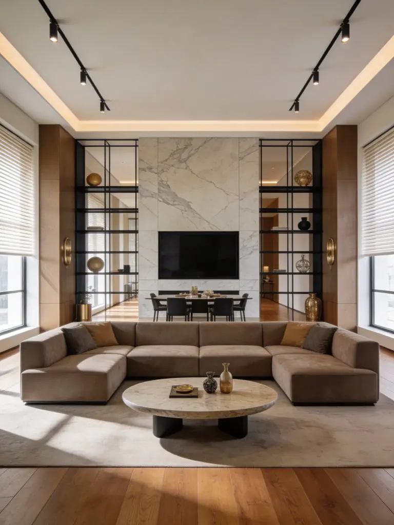 An elegant open-concept minimalist luxury living room designed with modern sophistication and soft architectural details.