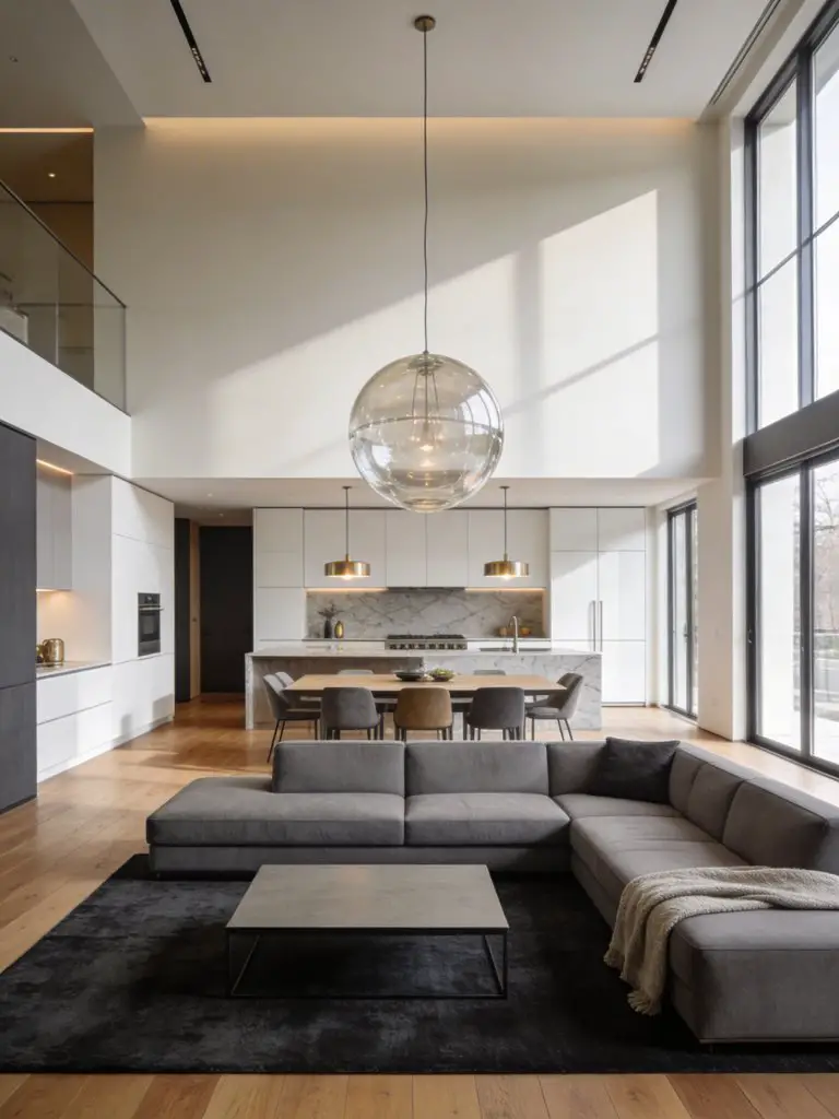 An open concept minimalist luxury living room connected seamlessly with a modern dining area and kitchen behind it.
