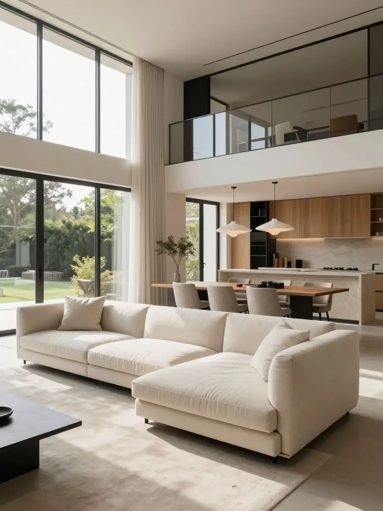 A spacious open concept living room anchored by a long minimalist chaise sofa in soft ivory upholstery placed in the foreground.