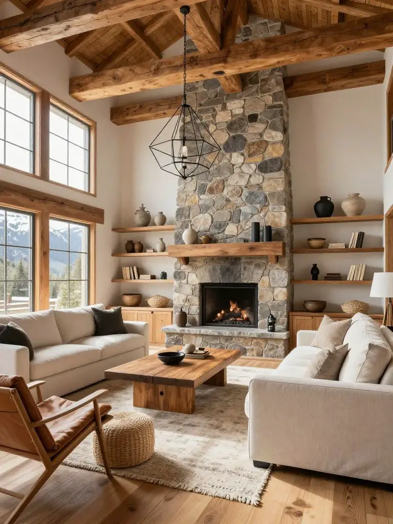 A sophisticated mountain living room interior with exposed timber beams, stacked stone fireplace, and large windows that flood the room with.