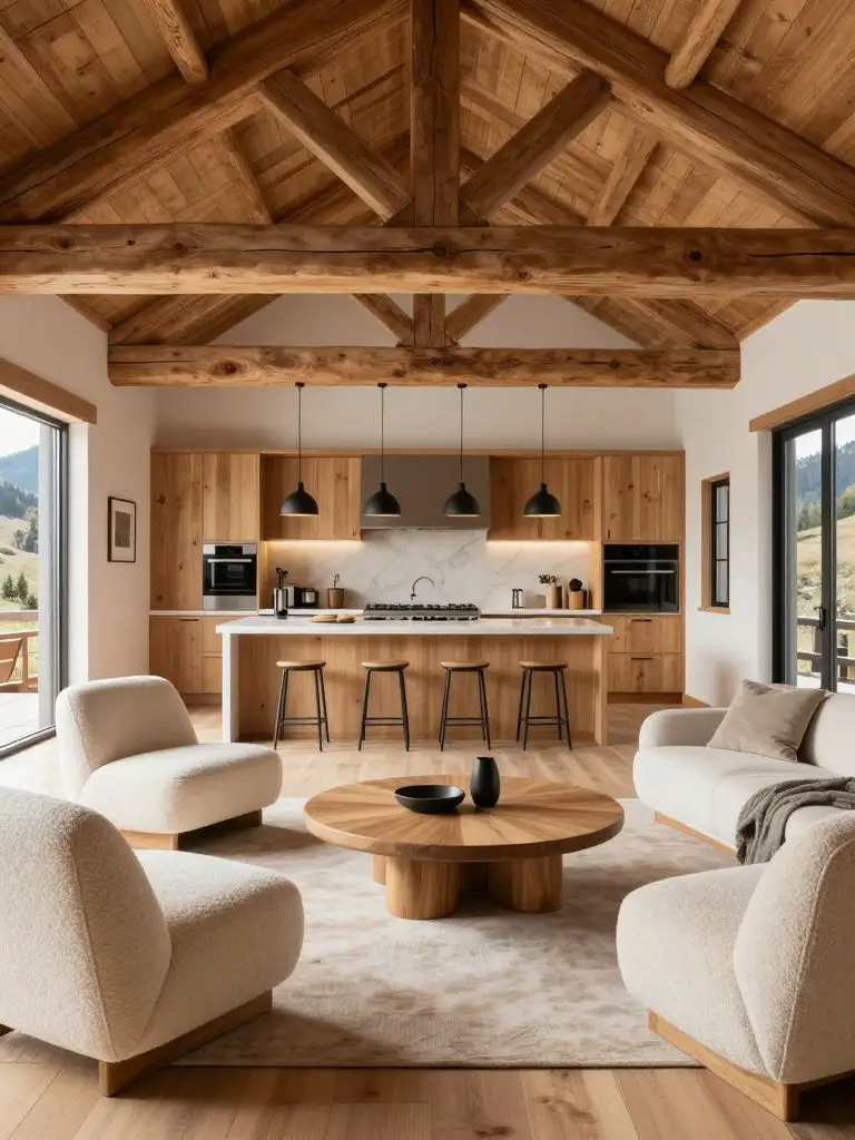 An inviting open concept modern mountain living room and kitchen with exposed timber beams stretching across a vaulted ceiling.