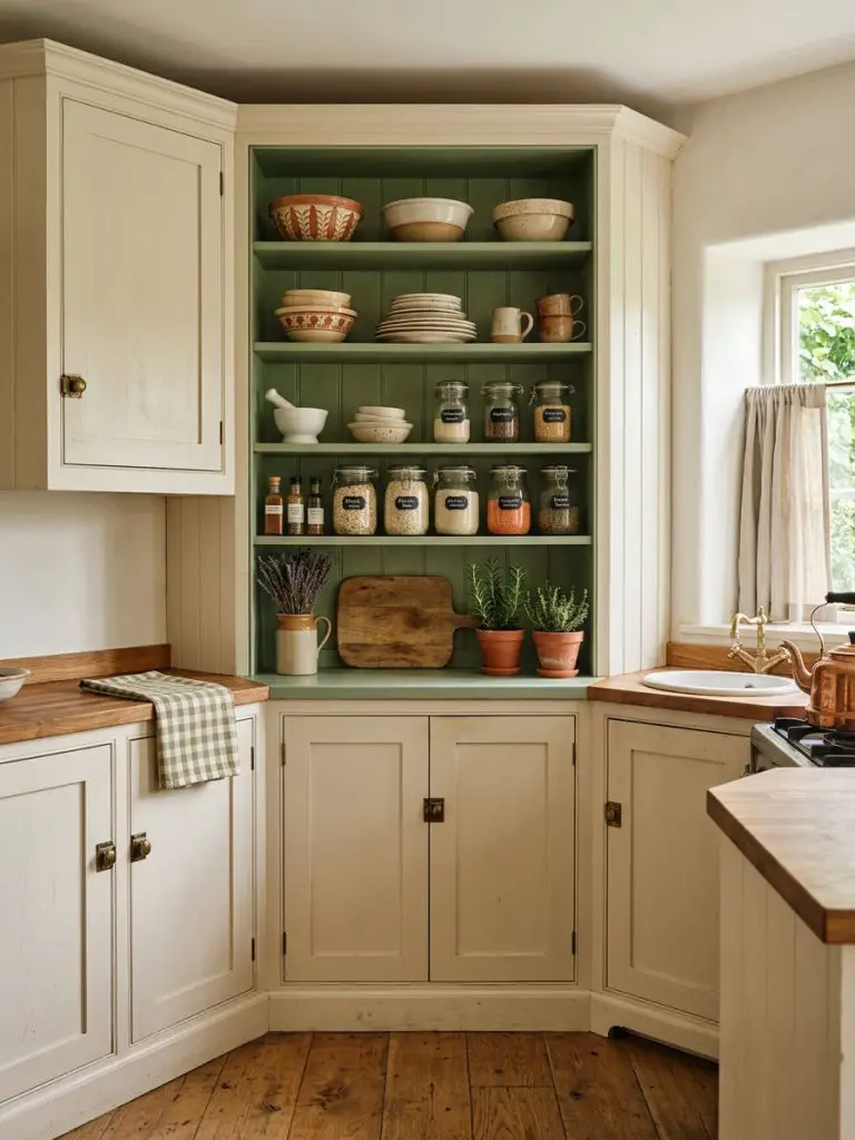 A charming corner cabinet with open shelving in a vintage-inspired kitchen.