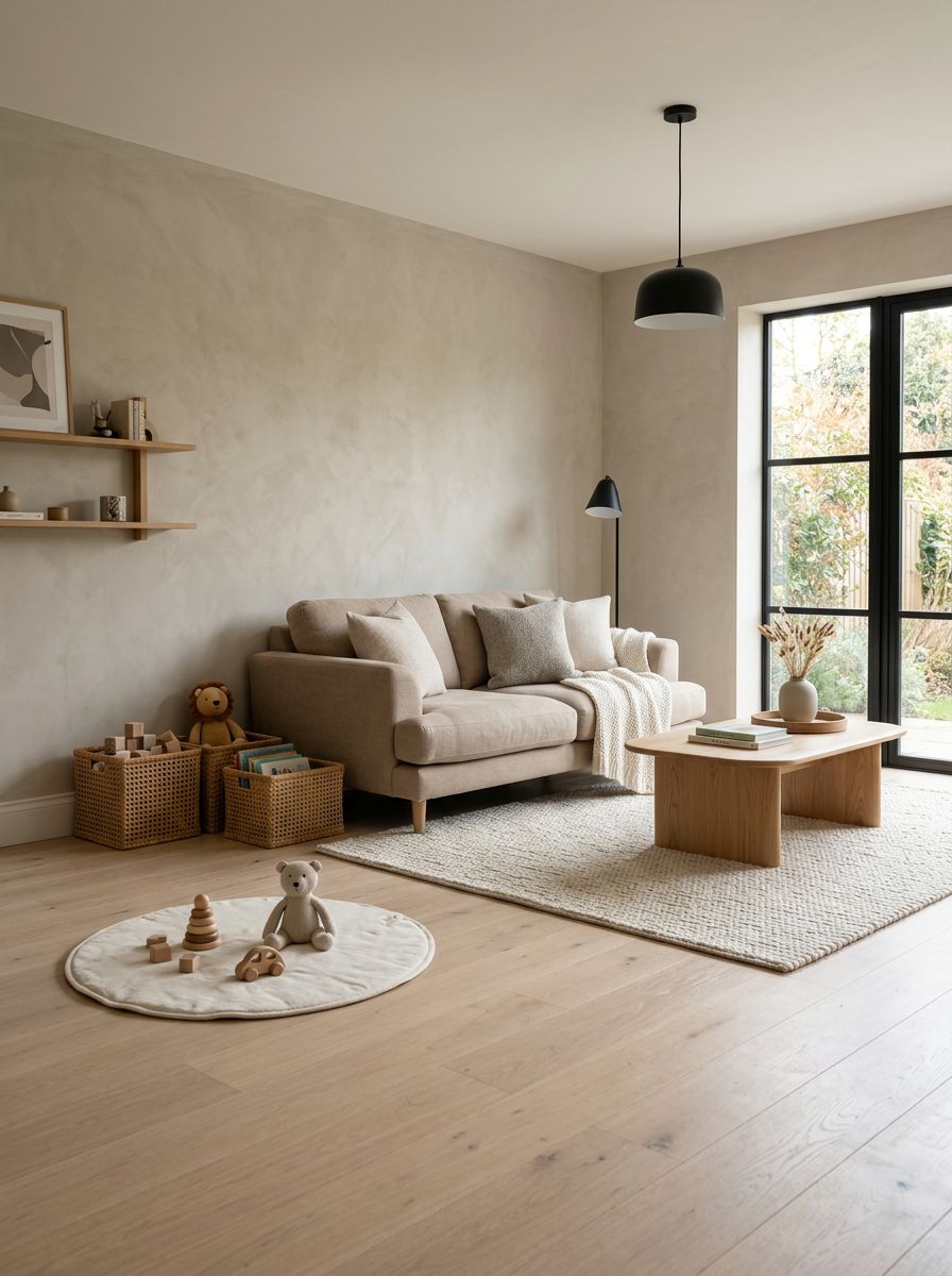 An open floor minimalist living room designed with extra play space for children while maintaining a stylish family aesthetic.