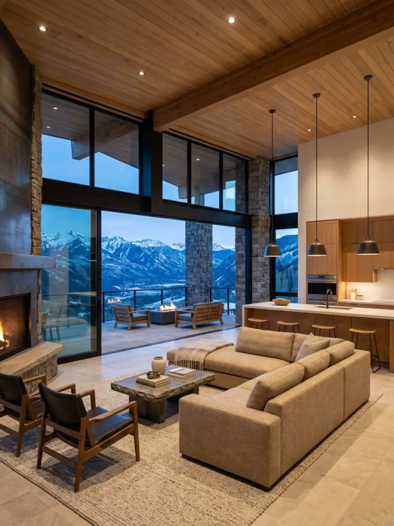 A breathtaking contemporary mountain great room designed in warm minimalist and modern rustic style with seamless indoor-outdoor living.