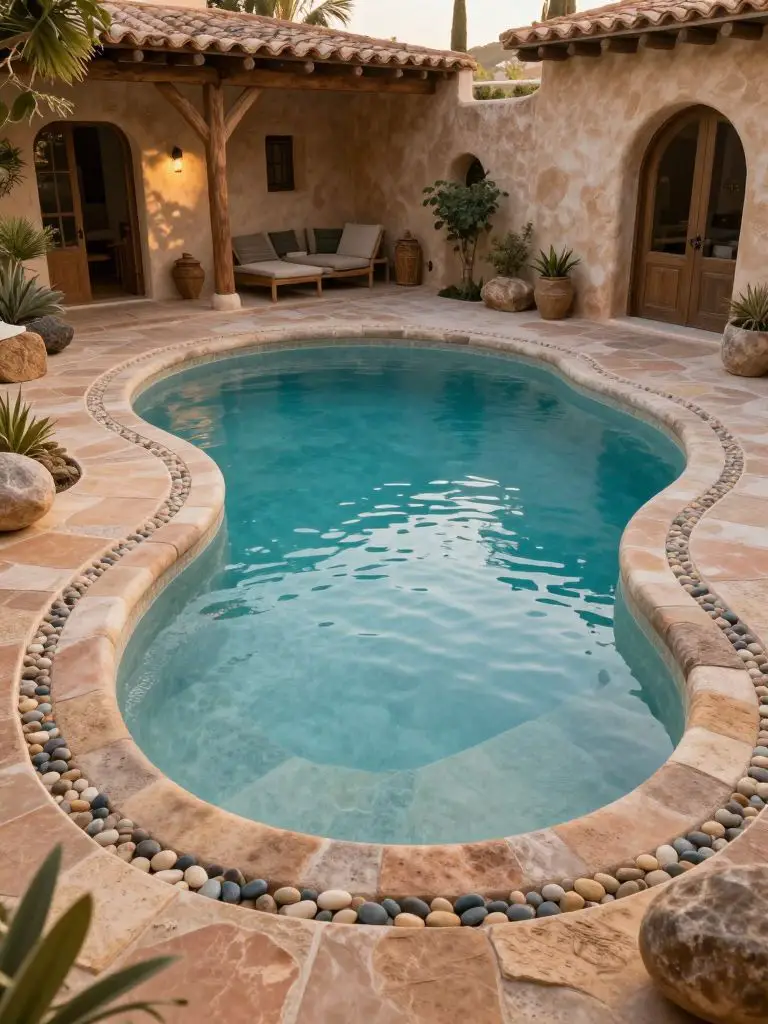 An organic freeform inground backyard swimming pool with pebble edging and Mediterranean-inspired architecture, designed in warm rustic styl.