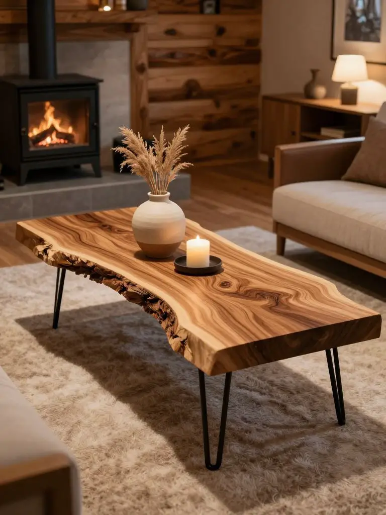 A cozy cabin living room vignette centered around a sculptural live edge wood coffee table made from a thick natural tree slab.