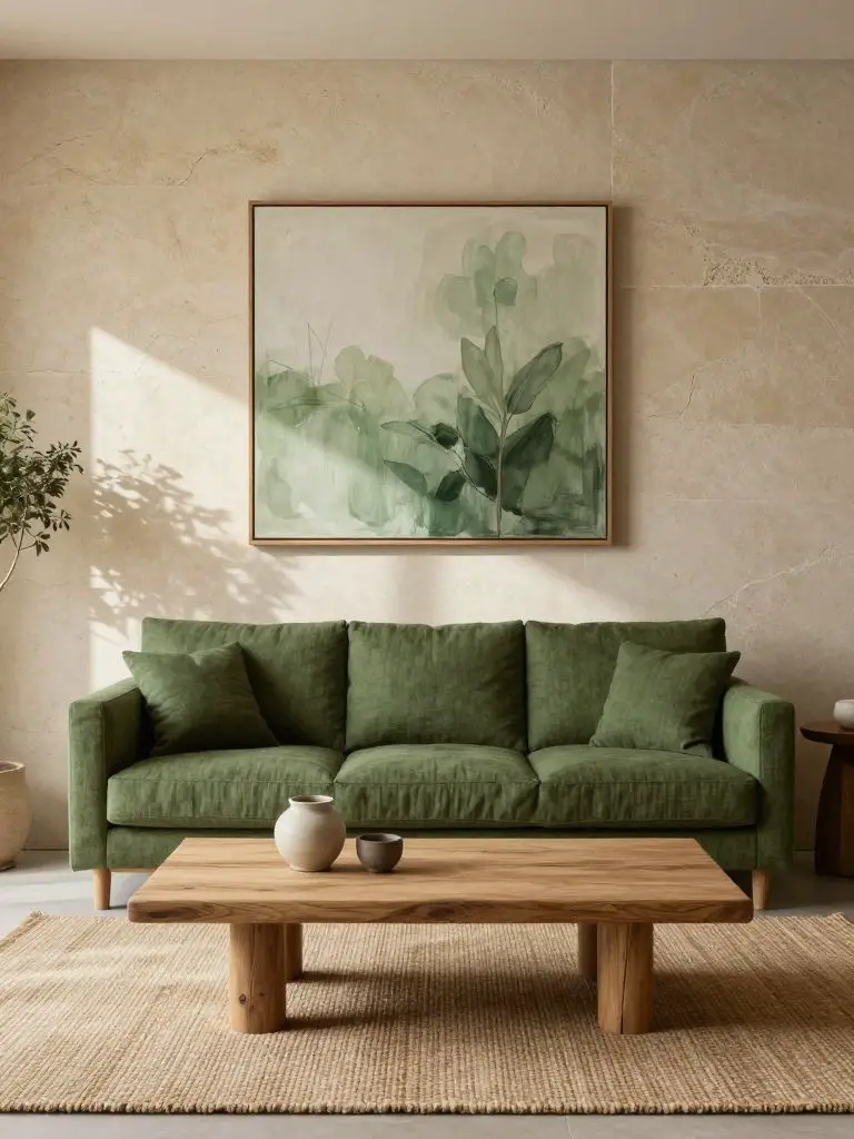 An organic minimalist living room centered around natural materials and earthy calm.