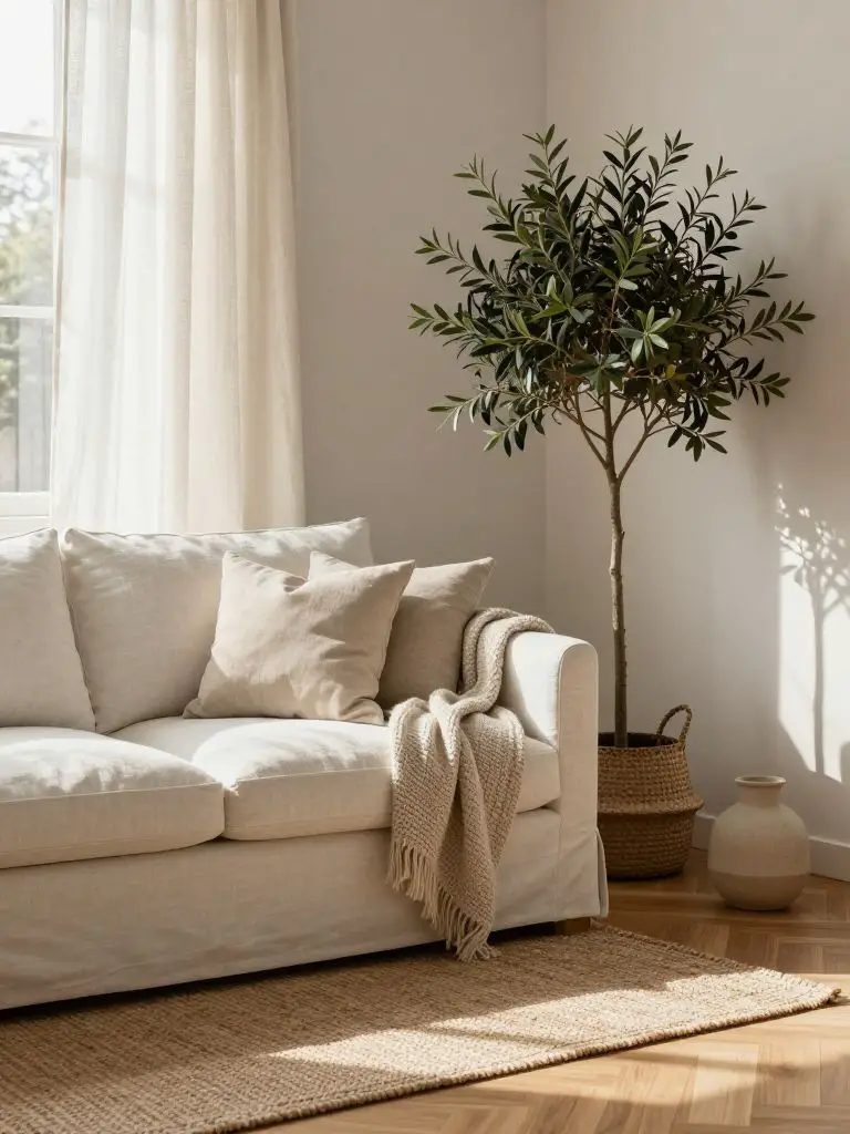 An organic warm minimalist living room corner highlighting natural textures and soft neutral styling.