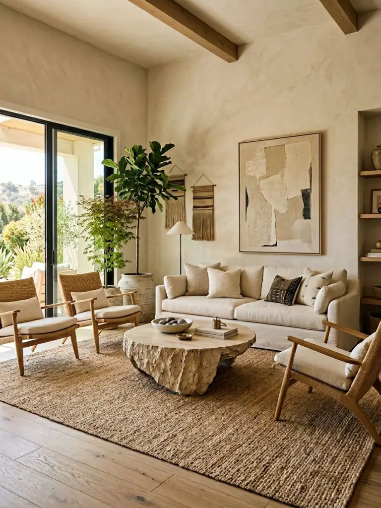 A refined organic modern living room designed with layered natural materials and sculptural furniture.