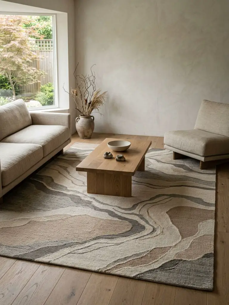 A Japandi minimalist living room where a rug with organic nature-inspired patterns becomes the centerpiece of the composition.