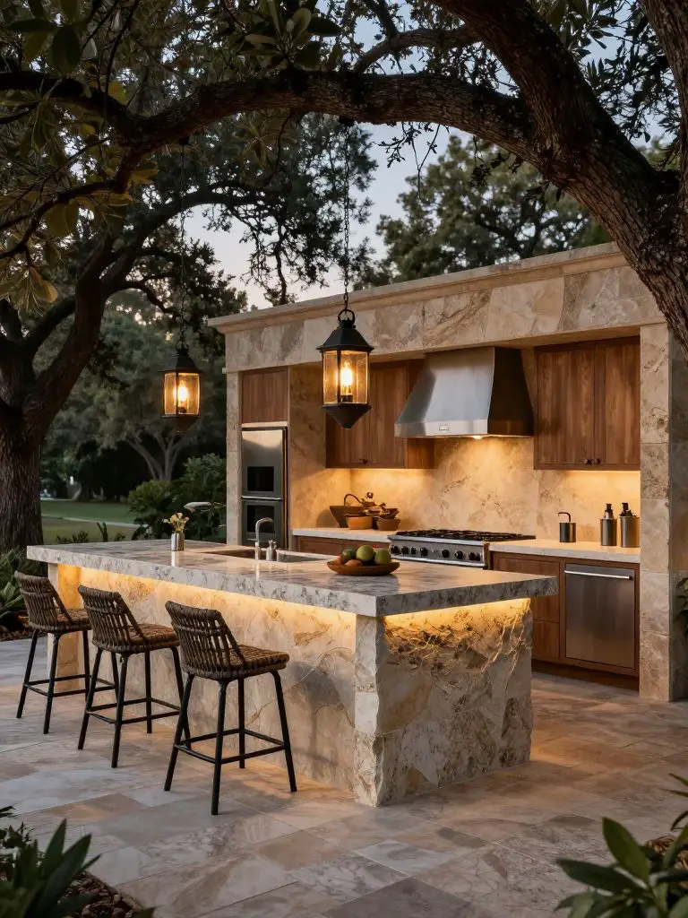 Design an upscale outdoor kitchen oasis beneath mature oak trees.