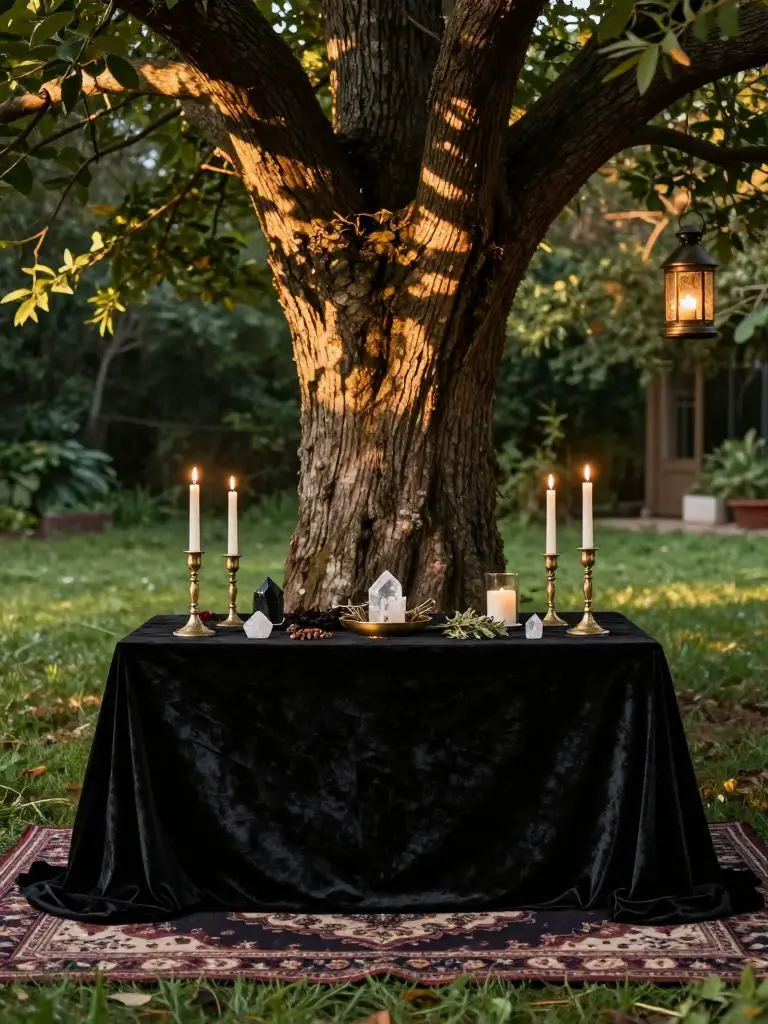 Create an outdoor ritual table beneath a large textured tree trunk in a witchy backyard setting.