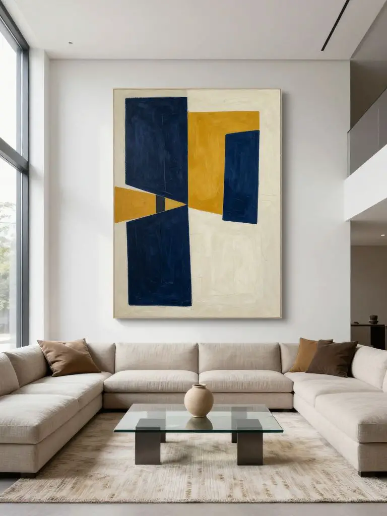 A contemporary minimalist living room designed around a single oversized abstract canvas mounted on a crisp white wall.