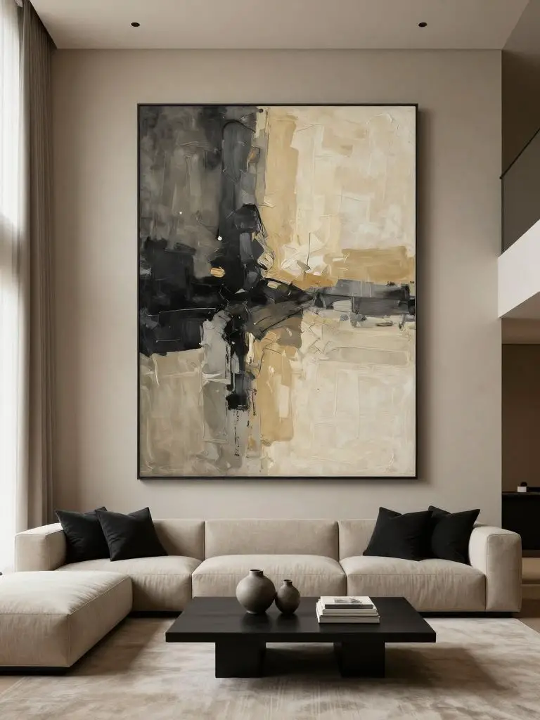 A sophisticated modern minimalist living room designed around an oversized minimalist wall art canvas as the main focal point.