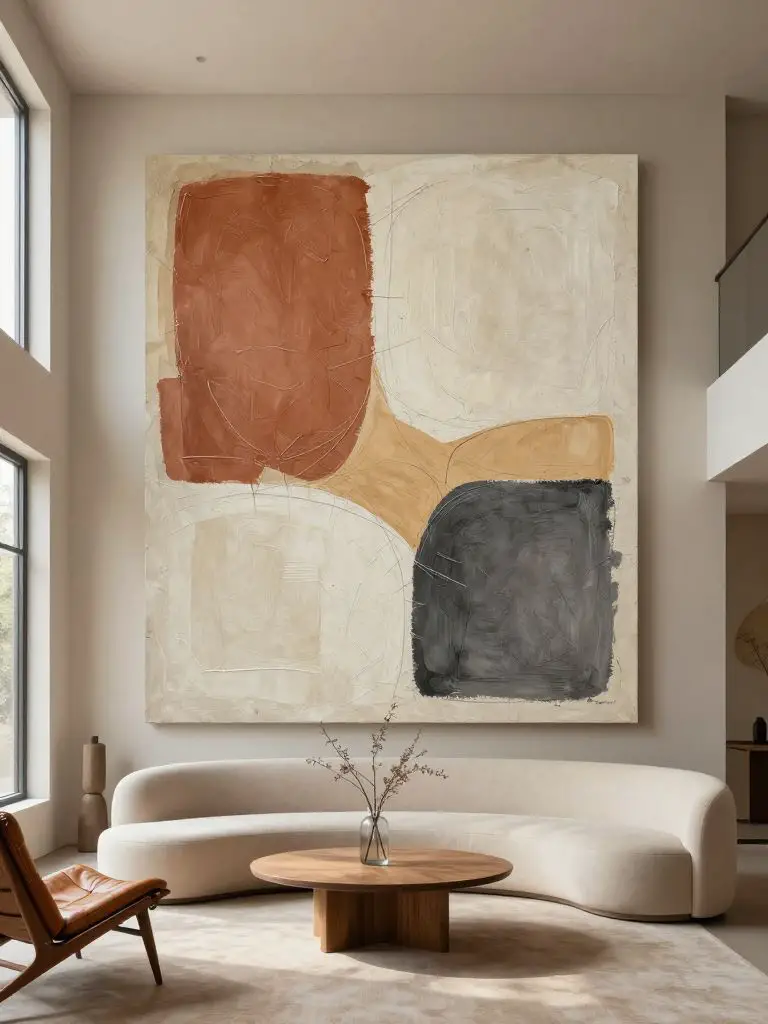 A warm minimalist living room designed around an oversized abstract minimalist wall art canvas featuring earthy tones and expressive texture.