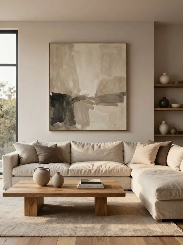 A serene warm minimalist living room featuring an oversized neutral abstract painting above a plush sectional sofa.