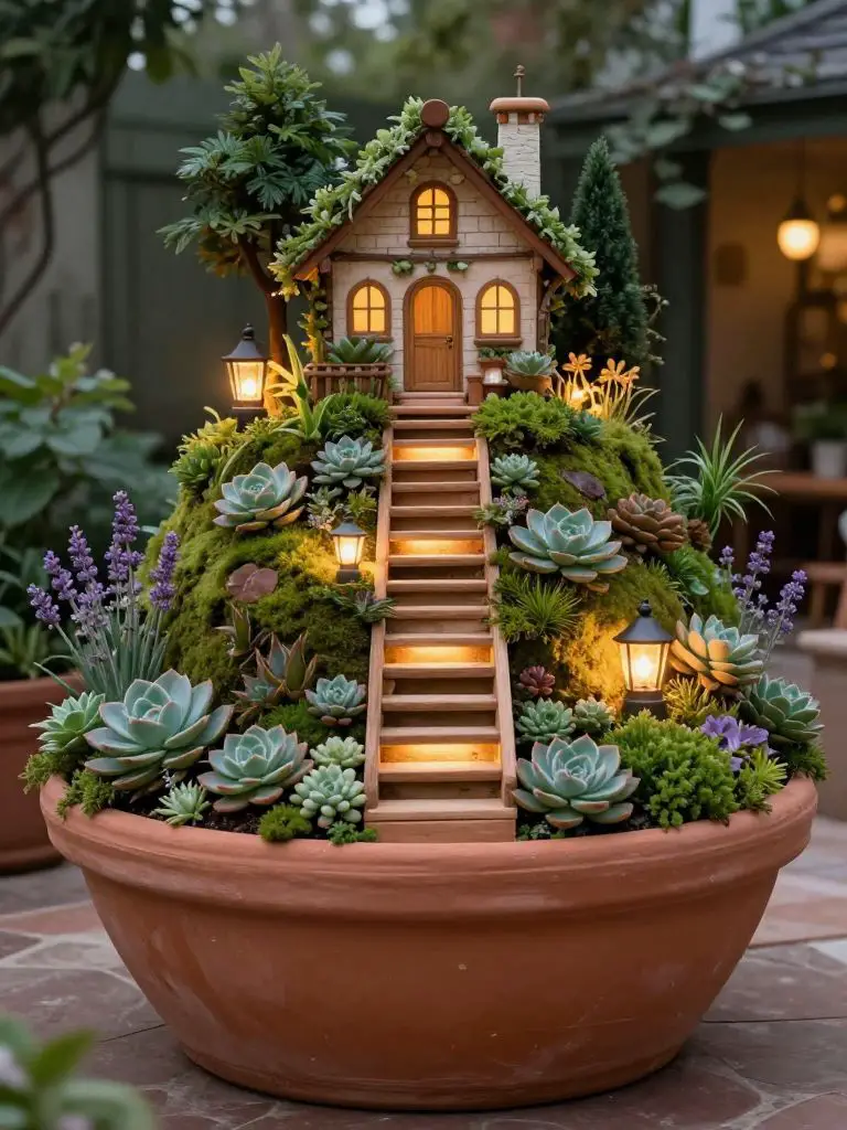 Create an oversized terracotta planter transformed into a large fairy estate.
