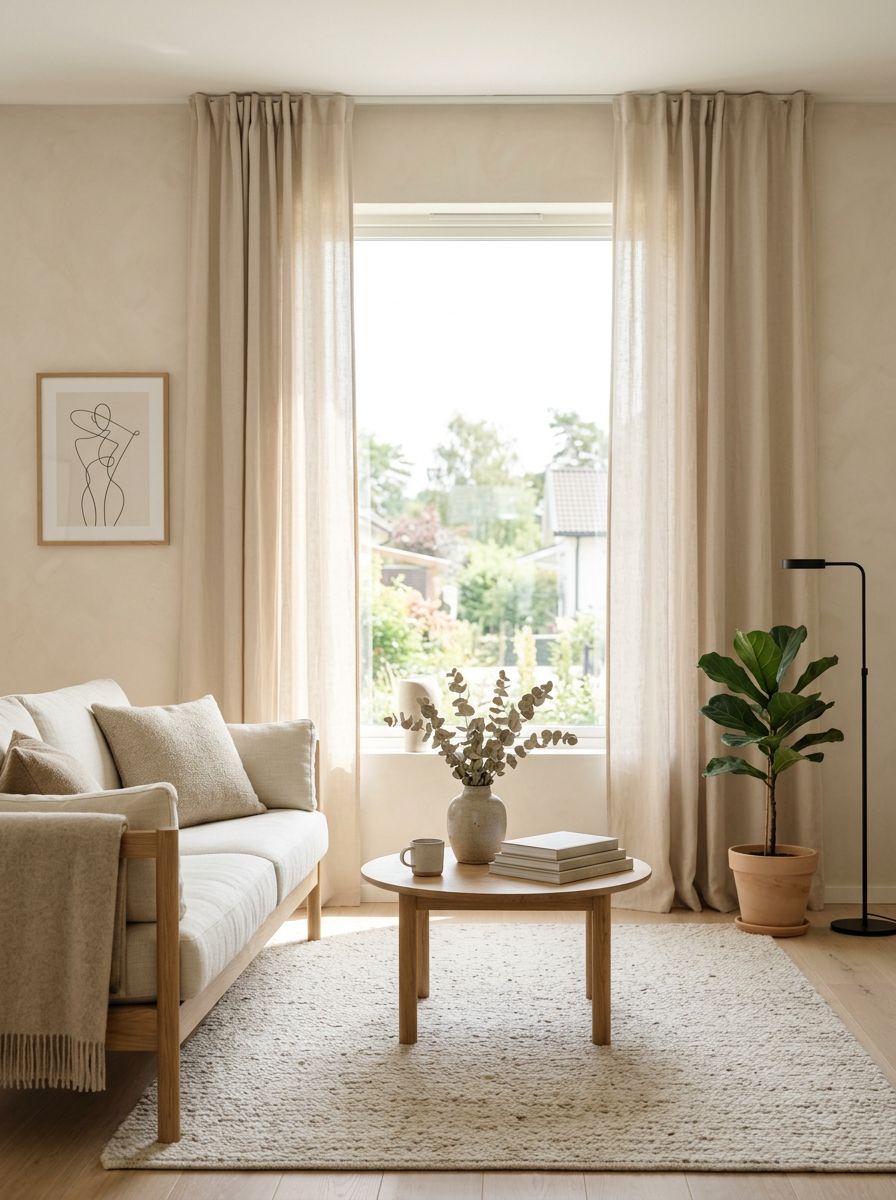 A bright Scandinavian minimalist living room framed by pale beige curtains as the main visual element.