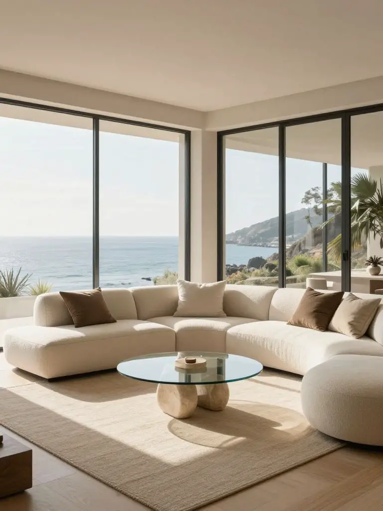 A panoramic minimalist living room designed around a large curved sectional sofa placed in front of dramatic floor-to-ceiling glass windows.